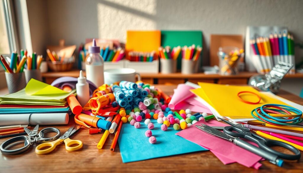 A vibrant assortment of preschool craft materials arranged on a wooden table, bathed in warm, natural lighting. In the foreground, a variety of colorful construction paper, safety scissors, glue sticks, and washable markers. In the middle ground, pipe cleaners, pom-poms, and stickers in an array of shapes and hues. The background features a collection of children's art supplies, including crayons, colored pencils, and watercolor paints, all against a backdrop of a neutral, textured wall. The overall scene conveys a sense of creativity, whimsy, and the endless possibilities for young hands to explore and express themselves through simple, engaging crafts.