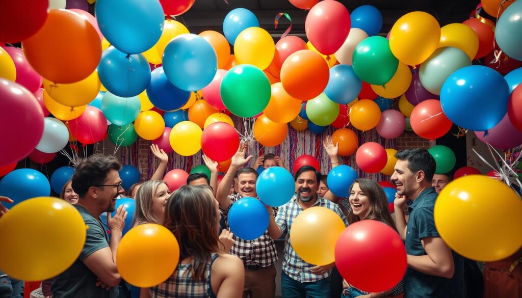 A vibrant balloon-filled party scene, captured in a wide-angled, well-lit photograph. Colorful latex balloons of various sizes float and bounce energetically, creating a playful atmosphere. In the foreground, a group of adults engage in enthusiastic balloon games, their laughter and excitement palpable. The middle ground showcases a mix of balloon-based party activities, from balloon tosses to balloon-popping contests. The background features a festive setting, with streamers, confetti, and a sense of celebratory energy. The overall mood is one of carefree joy and unbridled revelry, perfectly suited for an adult balloon party. A vibrant balloon-filled party scene, captured in a wide-angled, well-lit photograph. Colorful latex balloons of various sizes float and bounce energetically, creating a playful atmosphere. In the foreground, a group of adults engage in enthusiastic balloon games, their laughter and excitement palpable. The middle ground showcases a mix of balloon-based party activities, from balloon tosses to balloon-popping contests. The background features a festive setting, with streamers, confetti, and a sense of celebratory energy. The overall mood is one of carefree joy and unbridled revelry, perfectly suited for an adult balloon party.