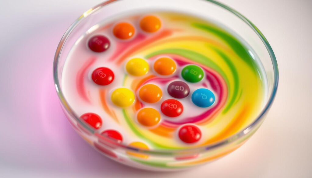 A vibrant, close-up composition showcasing the "Skittles Rainbow Experiment" - a stunning display of color diffusion in a shallow glass dish filled with milk. The colorful Skittles candies are carefully arranged in a circular pattern, gently dissolving and creating mesmerizing swirls of red, orange, yellow, green, blue, and purple hues. The lighting is soft and diffused, highlighting the dynamic interplay of colors and their gradual blending. The background is blurred, placing the viewer's focus entirely on the captivating science experiment unfolding before them. The overall mood is one of wonder, enchantment, and the joy of discovery.