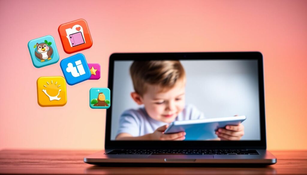 A vibrant, colorful desktop scene showcasing the top learning apps for children. In the foreground, several engaging app icons float above a sleek, modern laptop, each representing an educational game, interactive storybook, or skill-building activity. The middle ground features a young child immersed in a tablet, their face lit with wonder and curiosity. The background is a soft, blurred gradient of soothing pastels, creating a serene, focused atmosphere. Warm, directional lighting casts a gentle glow, emphasizing the intuitive, user-friendly nature of the apps. The overall composition conveys a sense of discovery, learning, and the powerful potential of technology to enrich a child's educational journey.
