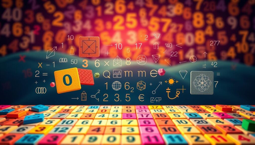 A vibrant, colorful illustration of different number puzzle strategies. In the foreground, a diverse array of number tiles, symbols, and patterns arranged in an engaging, tactile layout. The middle ground showcases various problem-solving techniques, such as systematic trial-and-error, pattern recognition, and logical deduction, represented through abstract geometric shapes and dynamic lines. In the background, a soft, blurred landscape of subtly textured numerals and mathematical operators, creating a sense of depth and emphasizing the cerebral nature of number puzzles. Warm, harmonious lighting illuminates the scene, fostering an atmosphere of intellectual curiosity and discovery.