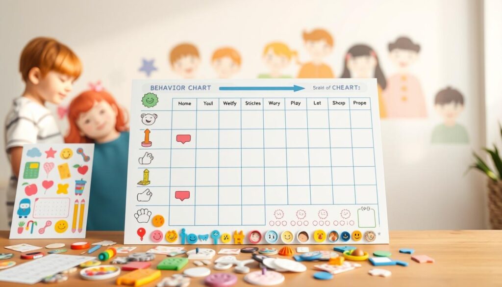 A vibrant, customizable behavior chart, designed to engage and motivate children of different ages. In the foreground, a collection of diverse stickers, icons, and reward systems, allowing parents and educators to tailor the chart to individual needs. The middle ground showcases a clean, minimalist layout with ample space for personalization, complemented by a soft, pastel color palette that exudes a sense of positivity and encouragement. In the background, a gentle, out-of-focus illustration of children of various ages, representing the inclusive and age-appropriate nature of the chart. Warm, natural lighting illuminates the scene, creating a welcoming and inviting atmosphere. The overall composition conveys a harmonious blend of functionality, personalization, and a child-friendly aesthetic.