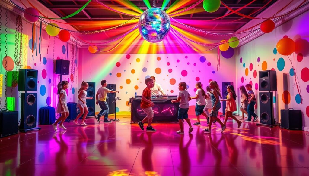 A vibrant dance party setup for energetic kids, with a colorful disco ball casting a mesmerizing glow across the room. Streamers and balloons in a rainbow of hues adorn the walls, creating a festive atmosphere. In the foreground, a dance floor with a glossy, reflective surface reflects the dynamic movements of the young dancers. Strategically placed speakers pump upbeat music, while multicolored LED lights pulse to the rhythm, casting a warm, inviting ambiance. The middle ground features a DJ booth with an array of turntables and mixing equipment, manned by a skilled entertainer getting the crowd hyped. In the background, a backdrop of playful, abstract patterns and shapes adds depth and visual interest to the scene.