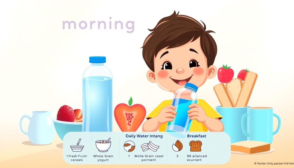 A vibrant, digitally illustrated chart depicting a preschooler's morning hydration and breakfast routine. The foreground showcases a friendly, smiling child holding a colorful water bottle, surrounded by a variety of healthy breakfast options - fresh fruit, whole grain cereal, yogurt, and toast. The middle ground features a cheerful, age-appropriate infographic with icons and text outlining the recommended daily water intake and balanced meal components. The background is a soft, pastel-toned palette, creating a warm, inviting atmosphere that emphasizes the importance of proper hydration and nutrition for young learners. Bright, natural lighting casts a gentle glow, conveying a sense of energy and vitality. The overall design is clean, engaging, and tailored to capture the attention of preschool-aged viewers.