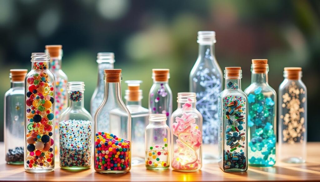 A vibrant display of sensory bottles, showcasing a diverse array of creative designs. In the foreground, a collection of clear glass bottles filled with an enchanting mixture of glitter, beads, and other tactile elements. The middle ground features various bottle shapes and sizes, each thoughtfully crafted to engage the senses through sight, touch, and sound. In the background, a softly blurred, natural setting with soothing hues, allowing the sensory bottles to take center stage. Gentle, diffused lighting casts a warm glow, highlighting the captivating textures and swirling patterns within the bottles. This image invites the viewer to imagine the endless possibilities for customizing and crafting sensory bottles, capturing the essence of the "Sensory Bottles: Creative Ideas and Customization" section.