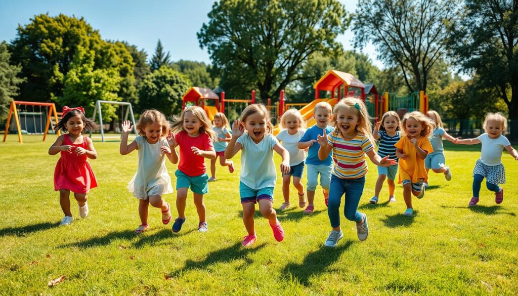 A vibrant, energetic scene of preschoolers engaged in various movement activities on a sunlit, grassy playground. In the foreground, a group of children enthusiastically perform an action song, their bodies moving in sync to the rhythm. In the middle ground, other children jump, hop, and twirl, their faces alight with joy. The background features a colorful, well-equipped playground with swings, slides, and climbing structures, set against a backdrop of lush trees and a clear blue sky. The lighting is warm and natural, creating a sense of liveliness and vitality. The overall atmosphere is one of boundless energy, playfulness, and the pure delight of physical expression.