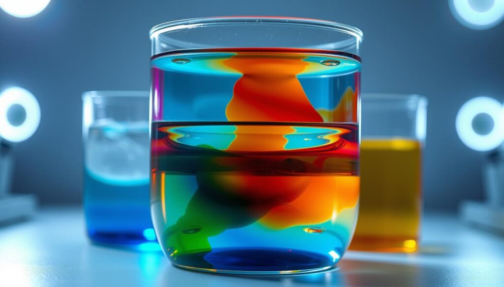 A vibrant glass container filled with a variety of liquids, showcasing the principles of density and diffusion. Layers of colored liquids, such as water, oil, and food coloring, are stacked neatly, creating a mesmerizing visual display. The lighting is soft and diffused, illuminating the experiment from multiple angles, highlighting the subtle gradients and interactions between the liquids. The camera angle is slightly elevated, allowing the viewer to observe the experiment from an optimal perspective, capturing the depth and clarity of the liquids. The overall mood is one of scientific exploration and discovery, inviting the viewer to engage with the fundamental properties of matter.