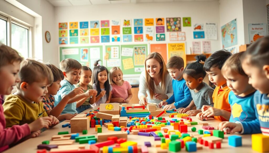 A vibrant, hands-on learning scene with an array of colorful manipulatives. In the foreground, a group of students eagerly engage with tactile objects like wooden blocks, counting beads, and geometric puzzles. Mid-ground shows a teacher guiding the exploration, their expressive body language sparking curiosity. The background features a cheerful, sun-drenched classroom, with posters and educational displays adding to the lively, interactive atmosphere. Soft, diffused lighting casts a warm, inviting glow, capturing the kinesthetic energy of this dynamic learning environment.