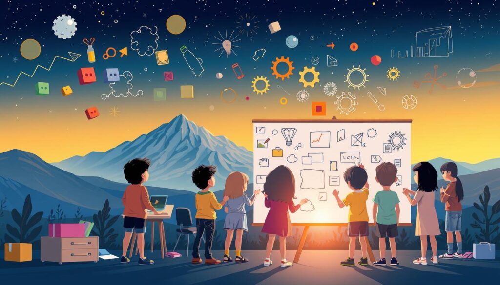 A vibrant illustration of problem-solving strategies, showcasing a diverse array of techniques. In the foreground, a group of children collaborate, each contributing unique ideas to a shared whiteboard. The middle ground features various tools and resources, such as colored blocks, cogs, and gears, representing the different approaches available. In the background, a serene yet thought-provoking landscape unfolds, with a mountainous horizon and a starry night sky, symbolizing the depth and complexity of problem-solving. The scene is bathed in a warm, inviting light, creating a sense of creativity and discovery. The overall composition conveys the dynamic, collaborative, and multifaceted nature of problem-solving strategies.