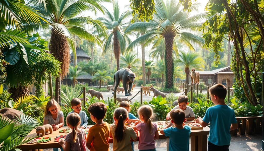 A vibrant jungle scene with a bustling zoo in the foreground. In the center, a group of children engage in hands-on animal-themed learning activities, such as playing with wooden animal puzzles and building mini habitats. In the background, a lush, verdant landscape with towering palm trees and vines. Sunlight filters through the canopy, creating a warm, inviting atmosphere. Diverse animal species, from playful monkeys to majestic tigers, can be seen roaming the zoo enclosures. The scene is captured with a wide-angle lens, emphasizing the depth and scale of the setting. The overall mood is one of exploration, discovery, and educational enrichment.