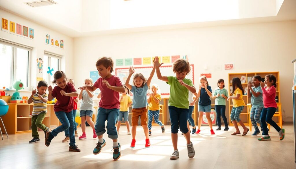 A vibrant, movement-filled classroom scene. In the foreground, a group of students engaged in lively group activities, such as jumping jacks, twisting stretches, and rhythmic clapping. In the middle ground, another cluster of students playing active games, like balancing on one leg or passing a ball back and forth. The background features an open, sun-lit space with colorful educational posters and learning materials, creating an energetic, dynamic atmosphere that encourages physical engagement and learning. The lighting is natural and warm, capturing the sense of joyful, kinesthetic exploration.