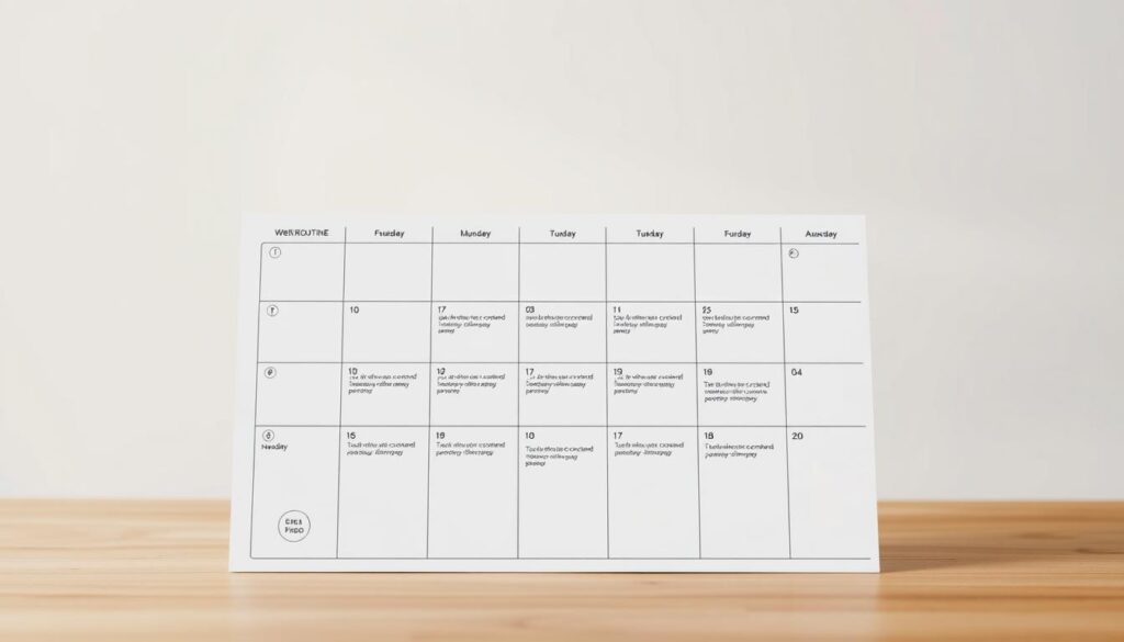 A vibrant, organized daily routine unfolds against a serene backdrop. In the foreground, a well-structured schedule planner features clean lines and intuitive icons, guiding the viewer through a balanced day. The middle ground showcases various daily tasks, from self-care rituals to productive work sessions, each represented by minimalist symbols. In the background, a soft, natural setting with gentle lighting and muted colors creates a calming atmosphere, emphasizing the importance of finding harmony within one's daily structure. The composition is clean, inviting, and reflective of the subject's emphasis on mindfulness and efficiency.