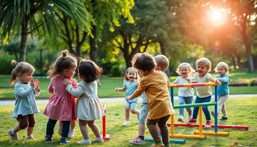 A vibrant outdoor scene with a group of toddlers engaged in lively, interactive activities. In the foreground, a circle of children playing a clapping game, their hands moving in sync, faces alight with joy. In the middle ground, a set of miniature hurdles and balance beams, where toddlers carefully navigate the obstacles, giggling as they test their coordination. The background features a lush, verdant park setting, with swaying trees and a bright, warm sun casting a gentle glow over the entire scene. The composition is balanced, with a sense of movement and energy, capturing the playful spirit of toddlers exploring their world together.