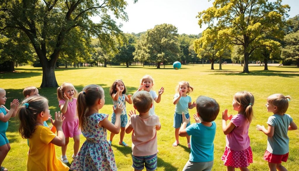 A vibrant outdoor scene with children engaged in lively rhyming activities. In the foreground, a group of preschoolers enthusiastically clapping and chanting rhyming words, their movements energetic and playful. In the middle ground, a pair of kids tossing a ball back and forth, trying to find words that rhyme. In the background, a verdant park setting with trees, a grassy field, and a clear blue sky overhead, bathed in warm, natural lighting. The atmosphere is one of joyful, movement-based learning, where the children's laughter and delight in discovering rhymes is palpable. A vibrant outdoor scene with children engaged in lively rhyming activities. In the foreground, a group of preschoolers enthusiastically clapping and chanting rhyming words, their movements energetic and playful. In the middle ground, a pair of kids tossing a ball back and forth, trying to find words that rhyme. In the background, a verdant park setting with trees, a grassy field, and a clear blue sky overhead, bathed in warm, natural lighting. The atmosphere is one of joyful, movement-based learning, where the children's laughter and delight in discovering rhymes is palpable.