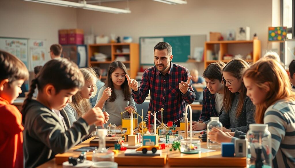 A vibrant scene of kinesthetic learning techniques, bathed in warm, natural lighting. In the foreground, a group of students actively engaged in hands-on activities, such as building models, manipulating physical objects, and performing experiments. Their expressions convey a sense of discovery and experiential learning. In the middle ground, a teacher gestures animatedly, guiding and facilitating the students' exploration. The background features a well-equipped classroom or laboratory, with various learning aids and tools scattered throughout, suggesting a dynamic and interactive learning environment. The overall atmosphere is one of collaborative learning, where the students are actively involved in the learning process, utilizing their senses and physical movements to deepen their understanding.