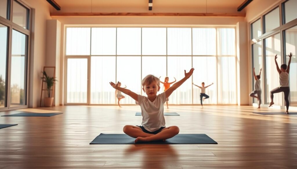 A vibrant, serene yoga studio with natural light flooding through floor-to-ceiling windows. The foreground features a young child in a half-lotus pose, their expression calm and focused. In the middle ground, another child balances on one leg, arms extended gracefully. The background depicts additional children exploring various yoga poses, their bodies flowing with ease and flexibility. Soft, muted colors create a soothing atmosphere, highlighting the benefits of mindfulness and physical harmony. The lighting is warm and gentle, accentuating the children's natural movements and the tranquility of the space.