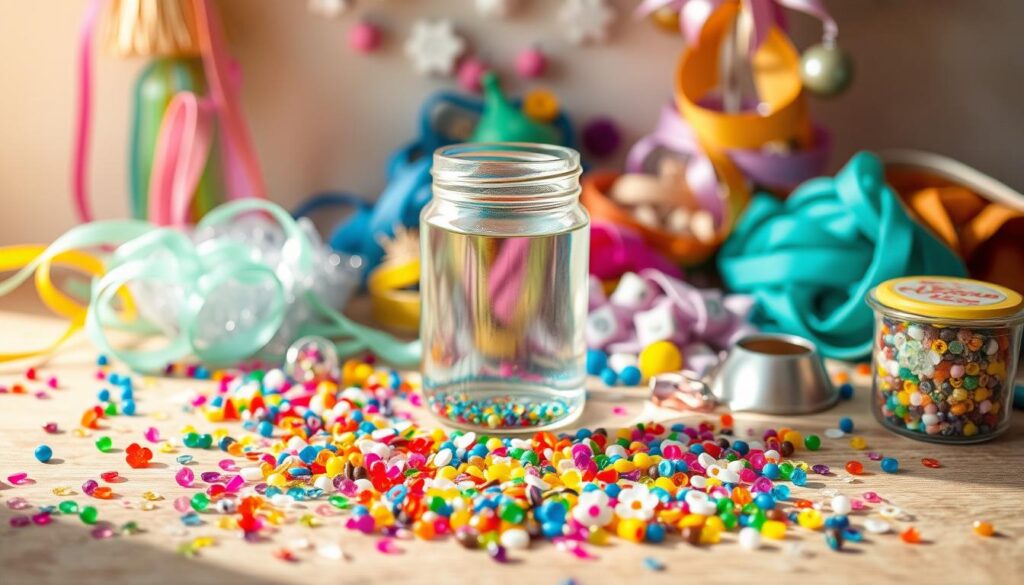 A vibrant still life of craft materials for sensory projects, bathed in warm, natural lighting. In the foreground, an assortment of colorful beads, sequins, and glitter in various shapes and sizes, neatly arranged on a wooden surface. In the middle ground, an open jar filled with translucent liquid, ready to be transformed into a sensory bottle. Surrounding these elements, an array of craft supplies, including colorful ribbons, textured fabrics, and whimsical embellishments, all set against a soft, muted background that complements the inviting, tactile nature of the scene.