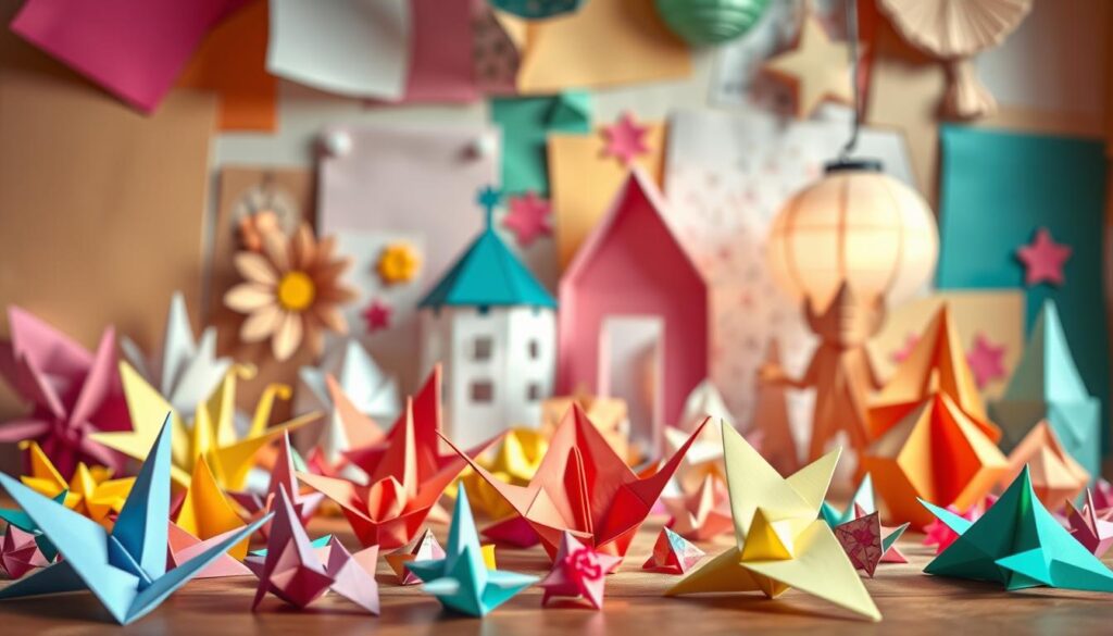 A vibrant still life showcasing an array of whimsical paper craft ideas. In the foreground, intricate origami shapes in a rainbow of colors - cranes, flowers, geometric patterns - arrange themselves artfully. In the middle ground, an assortment of paper-based DIY projects come to life: cheerful paper lanterns, delicate paper cut-outs, and imaginative paper puppets. The background features a soft, blurred backdrop of various paper textures and tones, evoking a sense of warmth and creativity. Warm, natural lighting casts a gentle glow, highlighting the textural details and the playful, handmade quality of the paper crafts. The overall mood is one of joyful inspiration, inviting young minds to explore the boundless possibilities of paper as a versatile and expressive medium.