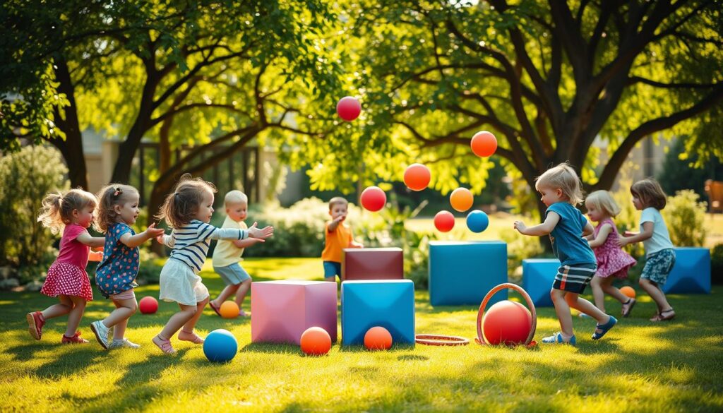 A vibrant, sun-dappled outdoor scene. In the foreground, a group of toddlers joyfully engage in a ball coordination game, passing colorful rubber balls back and forth, their movements filled with energy and concentration. The middle ground features a grassy lawn, with a few oversized foam blocks and hoops scattered about, inviting the children to explore different ways of interacting with the balls. In the background, a verdant tree canopy provides a natural, soothing backdrop, while the warm, golden lighting casts a gentle glow over the entire scene, creating a sense of warmth and playfulness.