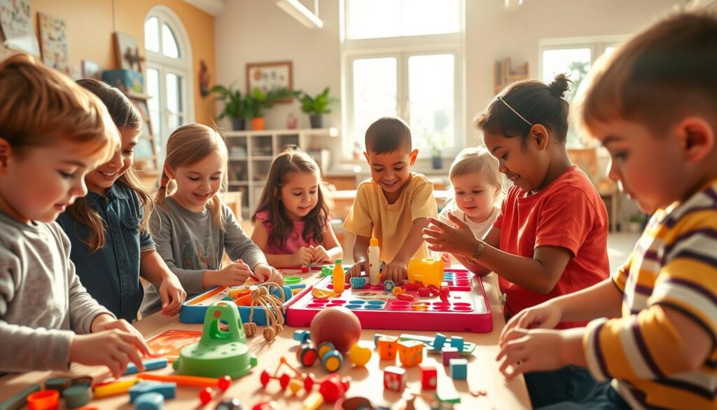 A vibrant, tactile scene depicting the principles of kinesthetic learning. In the foreground, a group of students actively engage with various hands-on educational tools and materials, their expressions filled with enthusiasm and discovery. The middle ground showcases a range of kinesthetic learning stations, each promoting active movement, exploration, and sensory experiences. In the background, a warm, sun-drenched classroom setting provides an inviting and stimulating environment, with natural light filtering through large windows. The overall atmosphere conveys a sense of dynamic, immersive learning, where the physical and cognitive elements seamlessly intertwine to facilitate deeper understanding and engagement.