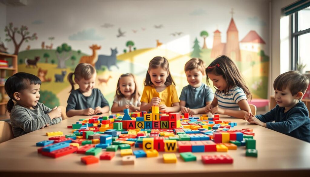 A vibrant, well-lit classroom setting with a large, inviting table in the foreground. On the table, an array of colorful building blocks, letter tiles, and word puzzles. In the middle ground, children of various ages engaged in playful word-building activities, their faces alight with concentration and joy. The background features a cheerful, whimsical mural depicting friendly animals and fantastical landscapes, creating an enchanting, educational atmosphere. Soft, natural lighting illuminates the scene, casting a warm, inviting glow. The overall composition conveys a sense of creativity, learning, and the delight of discovering language through interactive, hands-on games.