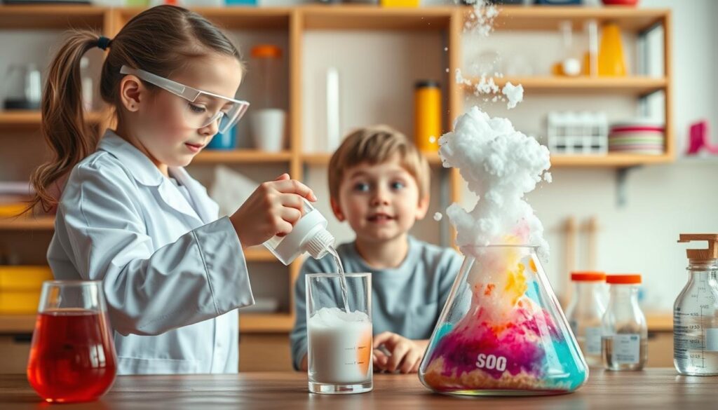 A vibrant, well-lit science experiment scene for children. In the foreground, a young girl in a white lab coat and safety goggles carefully pours baking soda into a clear container. Bubbling, colorful chemical reactions erupt from the container, evoking a miniature volcano. In the middle ground, a boy observes the experiment with rapt attention, his eyes wide with wonder. The background features shelves stocked with beakers, test tubes, and other scientific equipment, creating a lively, educational atmosphere. Soft, diffused lighting illuminates the scene, lending a sense of curiosity and discovery. The overall mood is one of exploration, hands-on learning, and the joy of scientific experimentation.