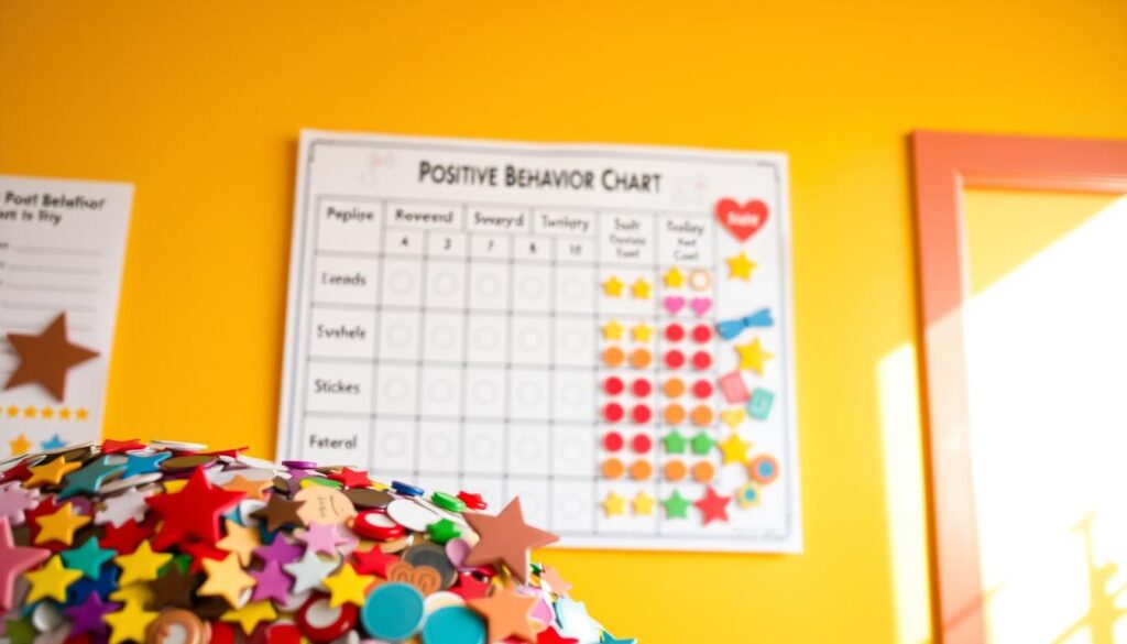 A vibrant, well-organized positive behavior chart displayed on a cheerful, colorful wall. In the foreground, a collection of reward stickers, stars, and other incentives in various shapes and hues, invitingly arranged. The middle ground showcases the behavior chart itself, with sections for different tasks or goals, presented in a clear, visually engaging manner. The background features a warm, natural lighting, casting a soft glow and highlighting the chart's encouraging, uplifting atmosphere. The overall scene exudes a sense of positivity, motivation, and a nurturing environment for a child's success.