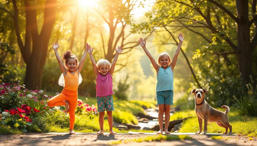 A vibrant, whimsical scene of preschoolers exploring creative yoga poses in a sunlit, nature-inspired setting. In the foreground, three young children in brightly colored activewear strike playful, dynamic yoga poses like tree, butterfly, and downward-facing dog. The middle ground features a lush, textured background of verdant foliage, flowers, and a gently flowing stream. Soft, warm lighting from the overhead sun creates a joyful, serene atmosphere, encouraging a sense of wonder and imagination. The composition is balanced, with the children's poses mirroring the natural curves and lines of the environment. An image that captures the spirit of playful, accessible yoga for preschoolers.