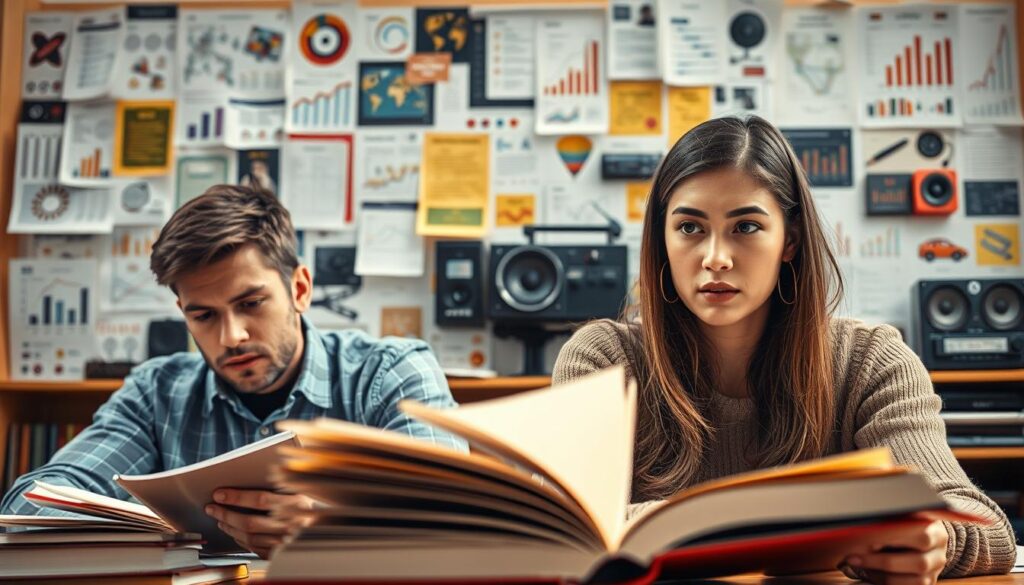 A visually striking comparison of visual and auditory learning techniques. In the foreground, a person intently studying a textbook, their gaze focused and engaged. In the middle ground, another person listening intently to a lecturer, their eyes alight with understanding. In the background, a collage of diverse learning aids - diagrams, charts, audio equipment, and more - suggesting the breadth of available methods. The scene is illuminated by warm, natural lighting, creating a contemplative and scholarly atmosphere. The composition emphasizes the distinct approaches to learning, inviting the viewer to ponder the relative merits of each.