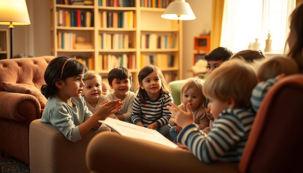 A warm, cozy living room with a plush armchair and a soft, patterned rug. A group of young children sit attentively, their eyes fixed on a storyteller, hands gesturing animatedly as they bring the narrative to life. Soft, golden lighting from a standing lamp bathes the scene, creating a sense of wonder and anticipation. In the background, bookshelves line the walls, hinting at the endless possibilities of imagination and discovery. The children's faces are rapt, their expressions a mix of curiosity, delight, and eagerness to hear more. This is a memorable storytime experience, a moment of pure enchantment and connection.