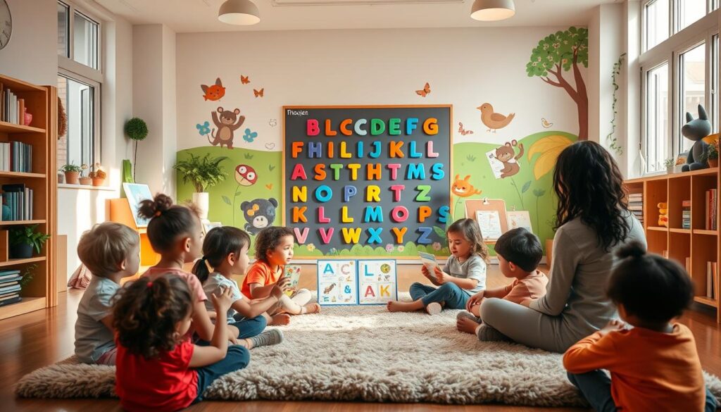 A warm, inviting classroom setting with a cozy reading nook. In the foreground, a group of diverse children sitting on a plush rug, captivated by a teacher presenting colorful phonics flashcards. The middle ground features a vibrant display of alphabet letters and simple word-image associations, encouraging interactive learning. In the background, a cheerful mural depicting storybook characters, creating an engaging and immersive educational environment. Soft, natural lighting filters through large windows, casting a gentle glow on the scene. The overall atmosphere conveys a sense of wonder, discovery, and the joyful beginnings of a lifelong love for reading.