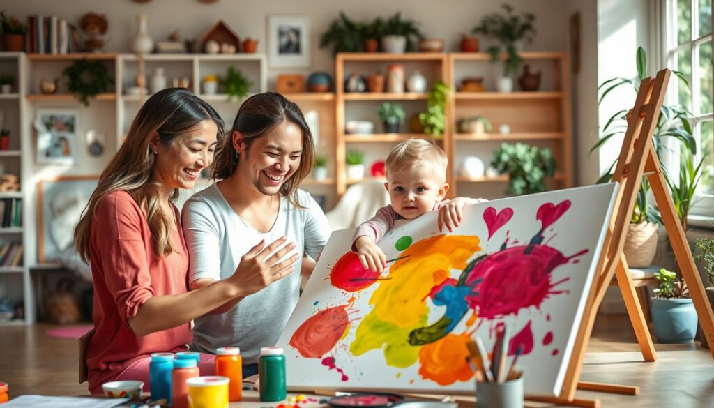 A warm, sun-lit room filled with vibrant colors and playful energy. In the foreground, a family of three - a mother, father, and young child - engaged in a collaborative finger painting session. Their faces alight with joy and concentration as they layer strokes of paint on a large canvas, creating a whimsical, abstract composition. The middle ground features an array of art supplies - paints, brushes, and an easel - hinting at the creative process. The background showcases a cozy, inviting space with bookshelves, plants, and personal touches, setting a relaxed, nurturing atmosphere for this shared artistic endeavor.