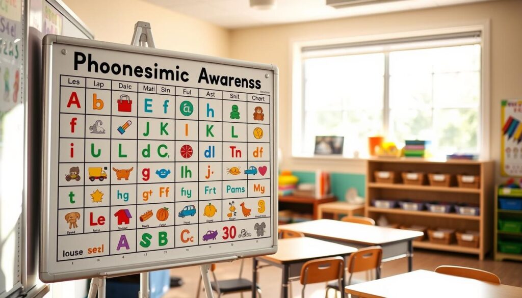 A well-designed phonemic awareness chart in a warm, inviting classroom setting. The chart features colorful icons and illustrations representing different letter sounds, arranged in a clear, organized layout. The foreground shows the chart prominently displayed on a whiteboard or bulletin board, with natural lighting casting a soft glow. The middle ground includes classroom furnishings like desks, chairs, and educational posters, creating a cozy, educational atmosphere. The background depicts a cheerful, sun-filled window, suggesting a welcoming, nurturing learning environment. The overall composition conveys the importance of letter sounds in developing early literacy skills.