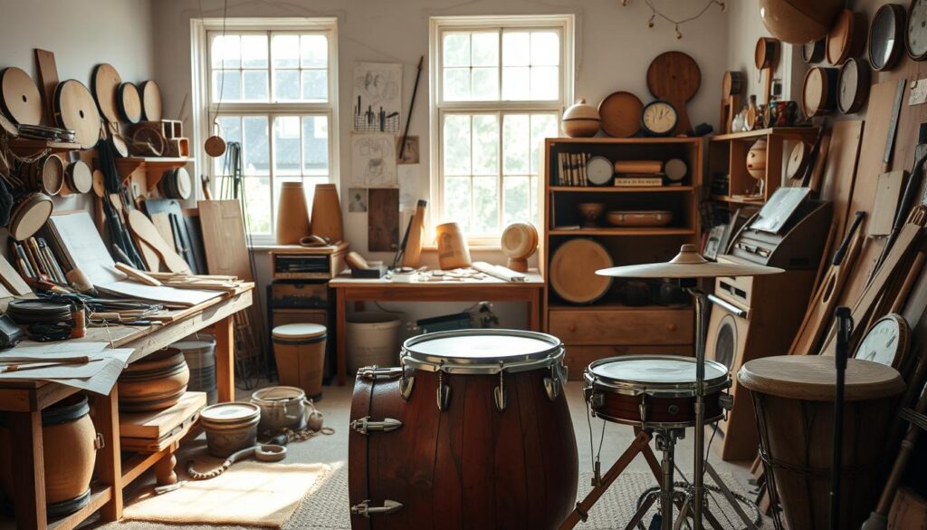 A well-lit DIY music studio, with a vibrant array of homemade percussion instruments on display. In the foreground, a handcrafted drum kit made from repurposed materials, its rugged texture and unique shapes capturing the spirit of craftsmanship. Beside it, a collection of tambourines, shakers, and other hand-struck objects, each with its own distinct personality. The middle ground features a workbench littered with tools, woodworking materials, and sketches, hinting at the creative process behind these musical creations. In the background, natural light streams in through large windows, casting a warm, inviting glow over the scene and highlighting the organic, artisanal nature of these DIY percussion projects.