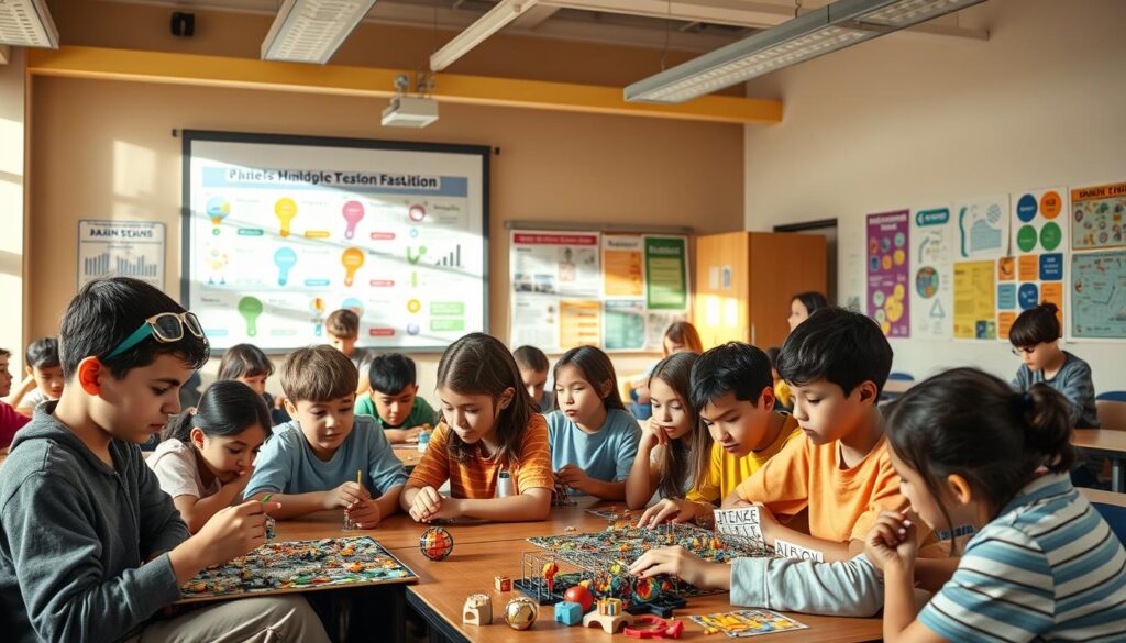 A well-lit classroom filled with students engaged in various brain-teasing activities. In the foreground, a group is collaborating on a complex puzzle, their faces alight with concentration. In the middle ground, others are immersed in hands-on STEM experiments, exploring the principles of physics and engineering. The background showcases a vibrant display of colorful infographics and thought-provoking posters, highlighting the cognitive skills being developed. The lighting is warm and natural, capturing the energy and intellectual curiosity of the space. The overall atmosphere conveys the educational value of brain teasers in stimulating critical thinking, problem-solving, and collaborative learning.