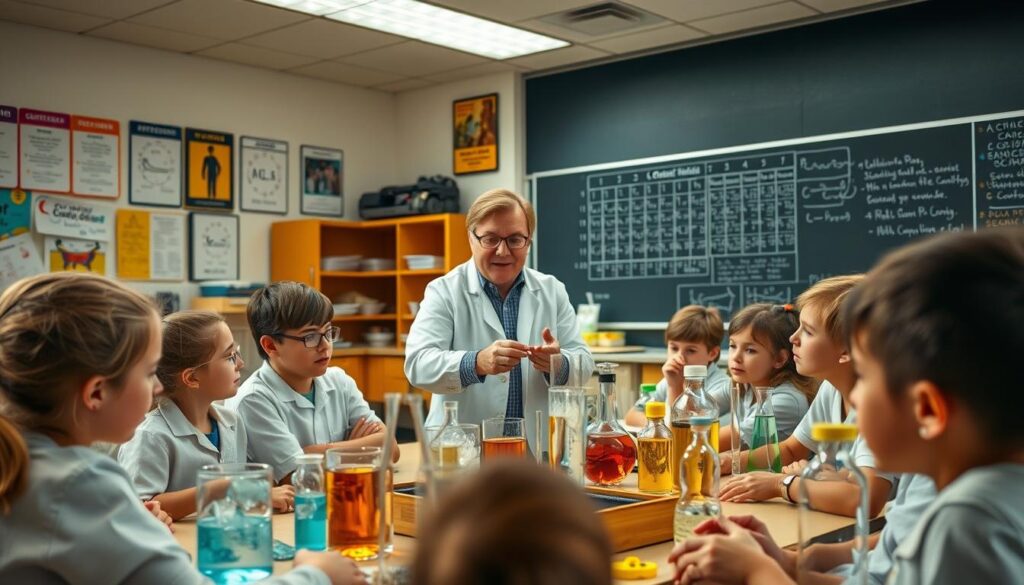A well-lit classroom filled with various science equipment and materials. In the foreground, students intently observe an experiment involving ice cubes, test tubes, and colorful liquids. The middle ground showcases a teacher demonstrating a hands-on activity, their expression animated as they engage the class. The background features informative posters, a periodic table, and a large chalkboard displaying formulas and diagrams. The lighting is soft and natural, creating a warm, inviting atmosphere conducive to learning and discovery. The scene conveys a sense of curiosity, exploration, and the excitement of scientific inquiry.