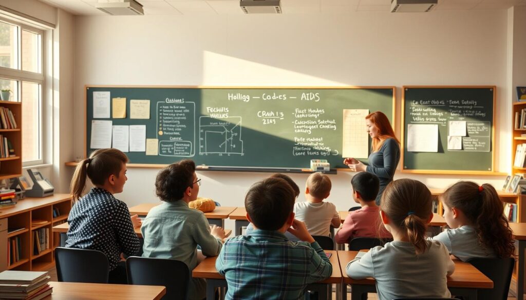 A well-lit classroom setting with a chalkboard in the background, showcasing various teaching aids and strategies. In the foreground, a teacher engages a group of attentive students, using hands-on manipulatives and a Socratic discussion method to foster critical thinking. Warm, natural lighting filters through large windows, creating a positive, collaborative atmosphere. The middle ground features a variety of educational resources, such as reference books, interactive displays, and collaborative learning stations. The overall scene conveys an environment that encourages active participation, problem-solving, and the development of analytical skills.