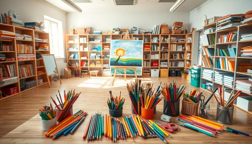 A well-lit classroom, wooden floors and bright walls, filled with an array of vibrant art supplies. In the foreground, an assortment of paintbrushes, colored pencils, markers, and scissors neatly arranged on a sturdy table. In the middle ground, a large easel stands, with a partially completed painting of a vibrant landscape. The background showcases shelves brimming with sketchpads, construction paper, and other art resources, creating a sense of inspiration and creativity. Natural light streams in through large windows, casting a warm glow over the entire scene. The atmosphere exudes a balance of organization and artistic expression, perfect for fostering engaging and mess-free art projects.