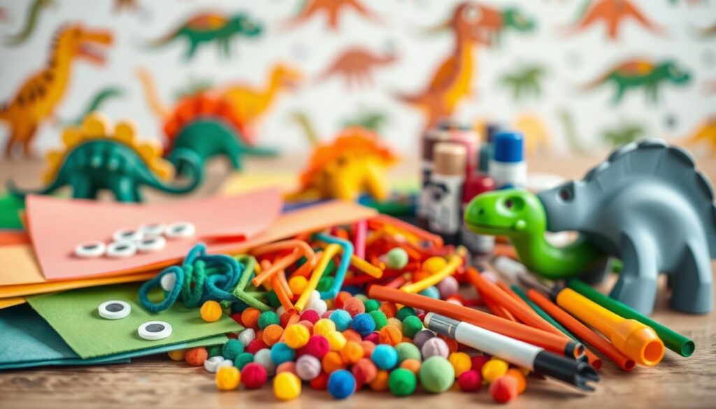 A well-lit, colorful tabletop arrangement of assorted craft supplies suitable for kids' dinosaur projects. In the foreground, an array of materials like colored construction paper, felt, googly eyes, pipe cleaners, pom-poms, and non-toxic paint. The middle ground features tools like scissors, glue sticks, markers, and crayons. In the background, a soft, out-of-focus scene with a dinosaur-themed backdrop or wallpaper. The overall composition conveys a sense of creativity, playfulness, and educational potential for crafting dinosaur-inspired projects.