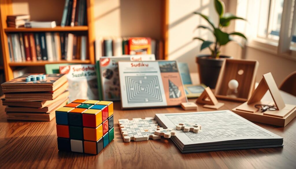 A well-lit, detailed still life featuring a variety of logic puzzles arranged on a wooden table. In the foreground, a Rubik's cube, a sudoku book, and a crossword puzzle. In the middle ground, a jigsaw puzzle, a maze, and a tangram set. In the background, a bookshelf with more puzzle books and a potted plant. The scene is bathed in warm, natural lighting, casting soft shadows and highlighting the textured surfaces of the puzzles. The overall mood is one of intellectual engagement and focus, inviting the viewer to ponder the challenges of each logic puzzle.