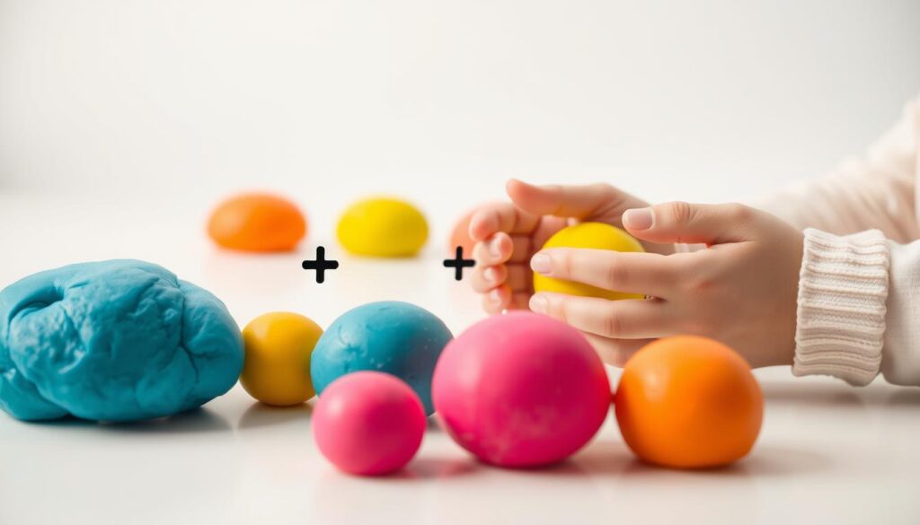 A well-lit, high-resolution photo showcasing the step-by-step process of play dough addition. In the foreground, brightly colored play dough balls of varying sizes representing the addends. In the middle ground, hands gently manipulating the dough, demonstrating the addition technique. The background features a clean, minimalist surface with a soft, diffused light, emphasizing the tactile and educational nature of the scene. The overall composition is balanced, inviting the viewer to follow along and learn the fundamental steps of play dough addition.