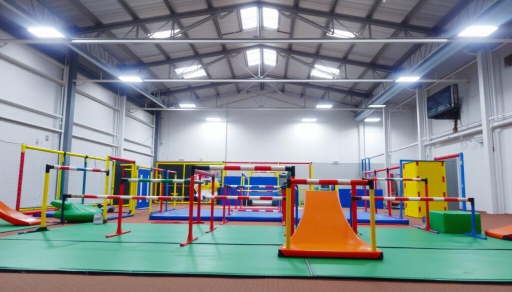 A well-lit indoor obstacle course setup with professional-grade equipment. In the foreground, a series of colorful hurdles, ramps, and balance beams arranged in a challenging configuration. In the middle ground, a padded landing area and safety mats. The background features high ceilings, exposed support beams, and bright, diffused lighting creating an airy, spacious atmosphere. The overall setup conveys a sense of excitement and physical challenge, suitable for a commercial indoor play space or rental service catering to active children.