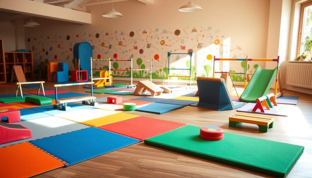 A well-lit indoor space with a variety of DIY obstacles arranged in a creative obstacle course layout. In the foreground, a colorful assortment of foam mats, balance beams, and stepping stones invite young adventurers to navigate the course. The middle ground features adjustable hurdles, monkey bars, and a small slide, all constructed from sturdy, child-friendly materials. The background showcases a vibrant, playful wallpaper or mural, adding to the dynamic, imaginative atmosphere. Warm, natural lighting filters in, casting a warm glow over the entire scene, encouraging active, engaged play. The overall setup is inviting, safe, and tailored to inspire creativity and physical exploration for kids of various ages and abilities.