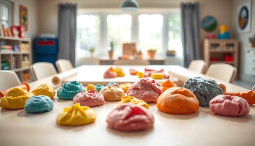 A well-lit, inviting table setup for a play dough activity. In the foreground, a variety of brightly colored play dough mounds in different shapes and textures, accompanied by rolling pins, cookie cutters, and other sculpting tools. In the middle ground, a clean, uncluttered work surface, perhaps a smooth wooden or pastel-colored board, providing ample space for hands-on exploration. The background showcases a cheerful, sun-filled room with natural light streaming in, creating a warm and nurturing atmosphere for creativity and learning.