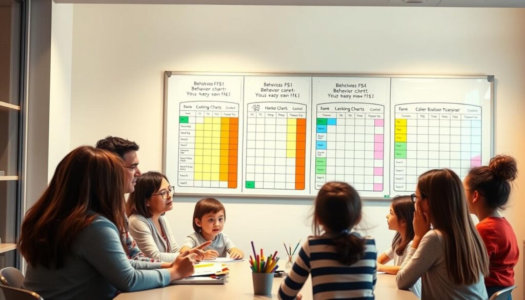 A well-lit, modern office setting with a large whiteboard on the wall. On the whiteboard, a series of behavior charts are displayed, each with a different color-coded system for tracking positive behaviors. In the foreground, a group of concerned parents and teachers are gathered around a table, engaged in a discussion, gesturing towards the charts and taking notes. The mood is one of collaborative problem-solving, with a sense of determination to find the best solutions for the children's needs. The lighting is warm and inviting, creating a professional yet approachable atmosphere.