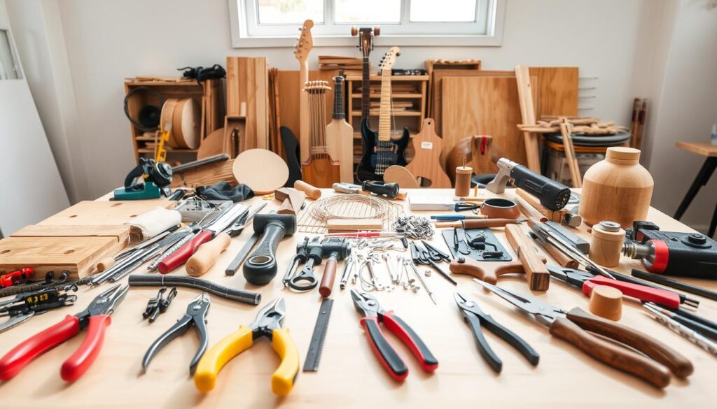 A well-lit table showcases an assortment of DIY instrument-making tools and materials. In the foreground, a variety of hand tools, such as pliers, hammers, and saws, are neatly arranged. In the middle ground, an array of raw materials like wood, strings, and hardware components are displayed. The background features a clean, minimalist studio setting with natural lighting, allowing the tools and materials to take center stage. The overall atmosphere conveys a sense of creativity, craftsmanship, and a DIY spirit, perfectly encapsulating the essence of the "Tools, Materials, and Creative Techniques" section of the "Simple Musical Instruments DIY" article.