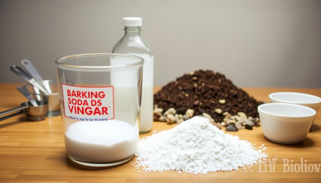 A well-lit tabletop scene showcasing the materials for a baking soda and vinegar volcano experiment. In the foreground, a transparent glass or plastic container filled with baking soda, a bottle of white vinegar, and various measuring spoons and cups. In the middle ground, a collection of small rocks, pebbles, and soil, hinting at the volcanic landscape. In the background, a neutral-toned backdrop, perhaps a plain wall or simple table cover, allowing the experiment materials to take center stage. The lighting is soft and diffused, creating a warm, educational atmosphere suitable for illustrating a DIY science project.