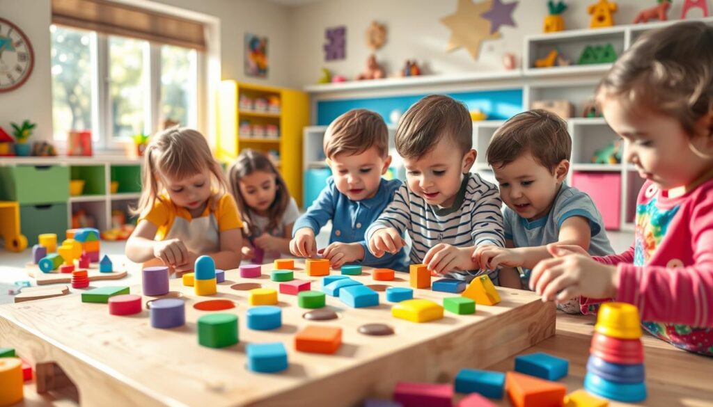 A well-lit, vibrant scene of children enthusiastically engaging in shape-sorting activities. In the foreground, a group of curious young learners carefully arranging colorful wooden shapes into corresponding holes on a sturdy wooden board, their faces alight with concentration and delight. In the middle ground, additional shape-sorting toys, such as puzzles and stacking cups, are scattered around, inviting further exploration. The background features a cheerful, playroom-like setting with colorful walls, shelves filled with educational toys, and natural lighting streaming in through large windows, creating a warm, inviting atmosphere that encourages cognitive development through play.