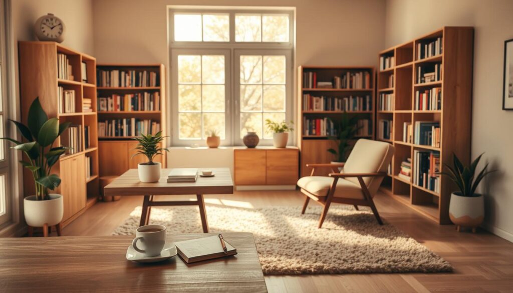 A well-organized and cozy home space, bathed in warm, natural light from large windows. In the foreground, a minimalist but elegant wooden desk with a potted plant, a cup of tea, and a neatly arranged stationery set. In the middle ground, bookshelves line the walls, filled with thoughtfully curated volumes. A plush, earth-toned area rug anchors the space, complemented by a comfortable, mid-century-inspired armchair. The background features a serene, neutral-toned palette, with soft textures and clean lines creating a sense of calm and balance. The overall atmosphere is one of mindful simplicity, inviting relaxation and introspection.