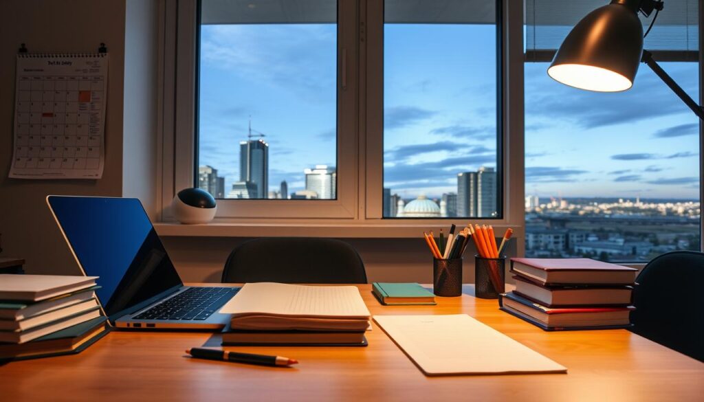 A well-organized student's desk with a laptop, textbooks, and stationery. A wall calendar and a to-do list hang nearby, indicating a focus on time management. The lighting is soft and warm, creating a productive and focused atmosphere. In the background, a window overlooking a scenic city landscape, symbolizing the balance between academic and personal life. The overall composition conveys a sense of intentionality and control over one's studies, suggesting effective time management techniques for coping with study stress.